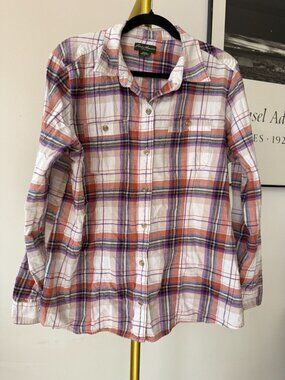 Eddie Bauer Womens XL Pink Flannel Shirt Cotton Plaid Button Up Outdoor